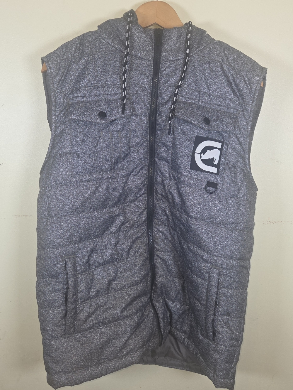 Ecko Unlimited Rhino Logo Gray Insulated Puffer Full Zipper Hooded Vest Medium
